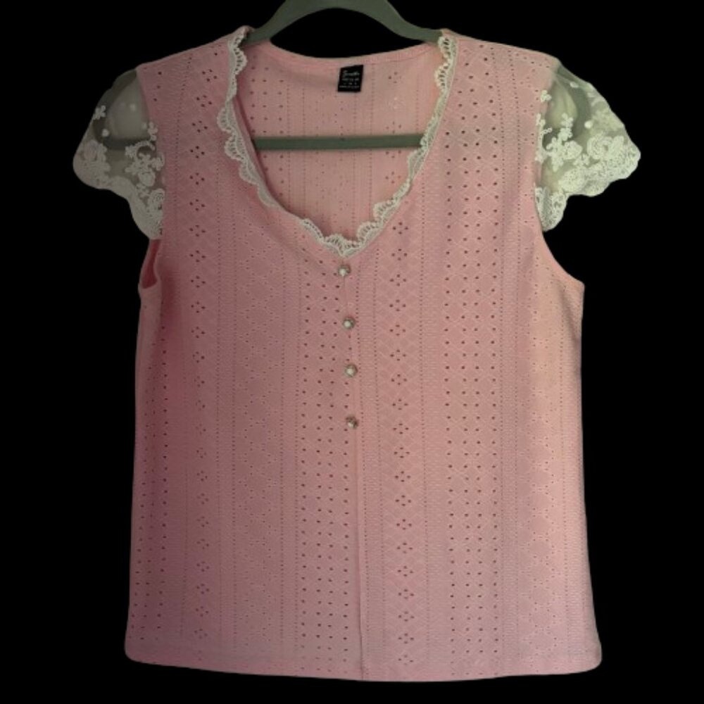 Greathe Eyelet Lace Cap Sleeve Pink Feminine Floral Button Summer Top Size Small